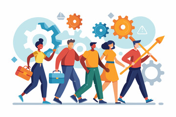 An illustration showing a team of workers walking with various tools and gears, symbolizing teamwork, collaboration, and technical skills in a dynamic work environment. 
