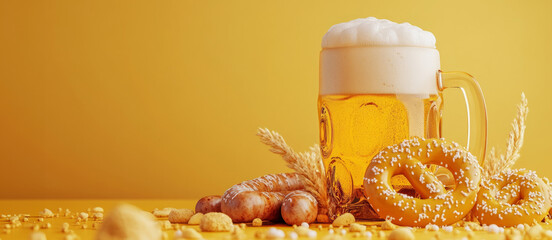 Oktoberfest set featuring a large beer mug, pretzel, and sausages. Banner with copy space