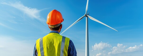 A worker observes a wind turbine against a clear blue sky, showcasing renewable energy and eco-friendly practices.