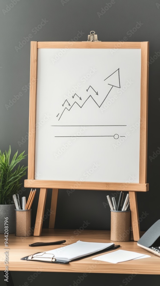 Poster Minimalist office setup with a whiteboard on an easel showing a hand-drawn upward graph. Represents strategic planning and business growth.