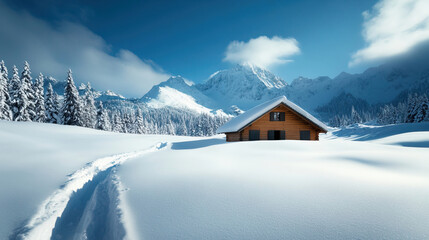 A cozy cabin nestled in a snowy landscape, surrounded by majestic mountains under a clear blue sky, perfect for winter retreats.