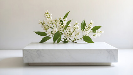 Elegant Nature White Stone Marble Podium with Green Leave - A Tropical Showcase of Luxury