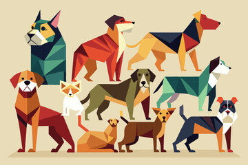 A collection of fifteen dogs, illustrated in various geometric styles and poses, set against a beige background, capturing the essence of different breeds through artistic abstraction.
