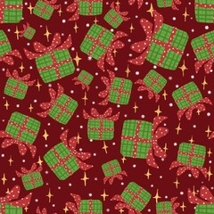 A seamless pattern of green gift boxes with red and white polka-dot bows on a deep red background. Small white hearts and gold stars are scattered throughout the pattern.