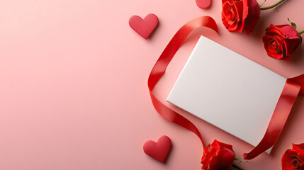 A romantic composition featuring roses, hearts, and a blank card surrounded by a red ribbon on a soft pink background.