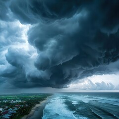 Fototapeta premium Tropical storm approaching a coastal town, stormy weather, heavy rain and wind