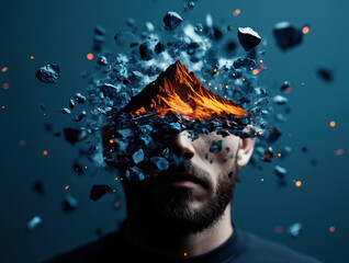 A surreal representation of a man with an erupting volcano inside his head, symbolizing inner turmoil and creativity.