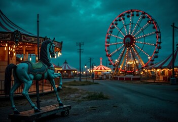 Quiet carnival at twilight with Ferris wheel and carousel horse.