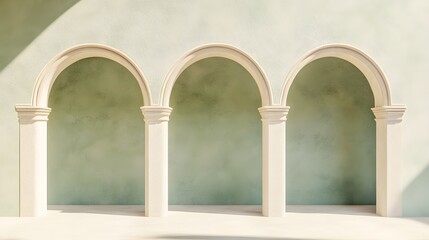 Three arches on a wall with a cream color and green background, a Ramadan Islamic concept theme, in a minimal style, with detailed elements