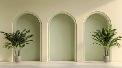 Three arches on a wall with a cream color and green background, a Ramadan Islamic concept theme, in a minimal style, with detailed elements