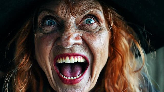 A crazy old woman witch with bright red hair in a hat laughs hysterically and evilly