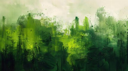 Obraz premium A painting of a lush green field with a city in the background