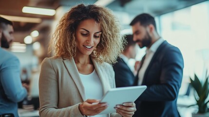Businesswoman reviews data on a tablet in a modern office environment during a team meeting