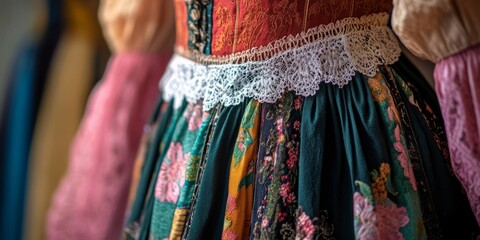 Traditional dress showcasing intricate floral patterns, lace trim, and vibrant colors in a European textile shop