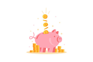 Gold coins fill piggy bank. Monthly savings of salary money for expensive purchase. Planning and analysis of budget of financial operations. Cartoon outline vector concept isolated on white back