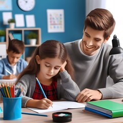 teacher teaches schoolchild sitting at desk area during afternoon study time in a classroom