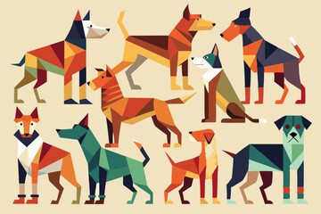 A collection of fifteen dogs, illustrated in various geometric styles and poses, set against a beige background, capturing the essence of different breeds through artistic abstraction.
