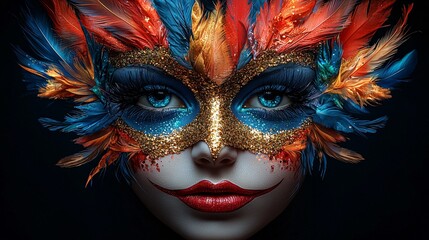 Halloween vibrant carnival mask with vivid colors, glow effects, and intricate details, perfect for holiday-themed decorations, cards, and digital designs.