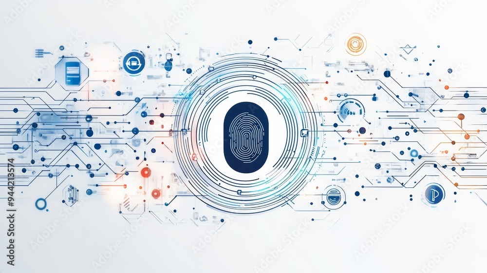 Aufkleber fingerprint icon surrounded by circuit lines on a white background. concept of biometric security, i