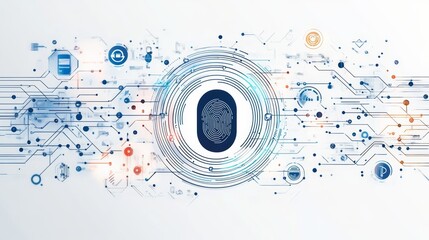 Obraz premium Fingerprint icon surrounded by circuit lines on a white background. Concept of biometric security, identity verification, and digital protection.