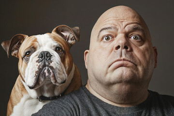 Portrait of a man and a Bulldog. Dog and owner look very similar. The scene is cheerful and playful.