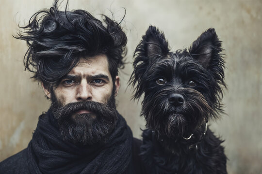 Portrait of man with beard and his black west highland terrier dog. The two look very similar.