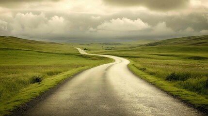 Fototapeta premium Winding paved road leading through green hills under cloudy sky