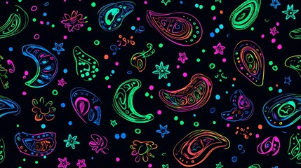 Seamless pattern with a glowing electric neon bandana in pink, lime green, and blue on a black background
