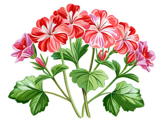Vibrant Pink Geranium Flowers with Green Leaves Illustration - illustration of vibrant pink geranium flowers surrounded by lush green leaves. Perfect for botanical, floral, and nature-themed designs.
