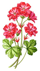 Vibrant Pink Geranium Flowers with Green Leaves Illustration - illustration of vibrant pink geranium flowers surrounded by lush green leaves. Perfect for botanical, floral, and nature-themed designs.