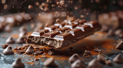 Chocolate Bar with Chips and Pieces Falling Realistic Image