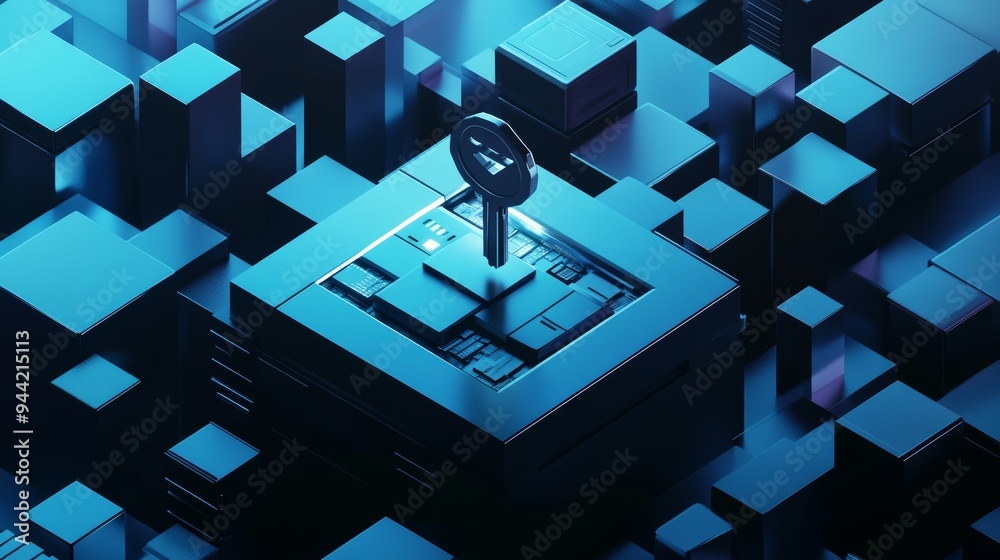 Poster key inserted into a secure digital server represented in a futuristic blue digital environment. symb