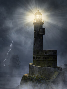 A storm rolls in from the sea, but a light shines forth from the top of an old lighthouse on the rocks.  In the background, a ship sails to escape the tempest.  3D Rendering