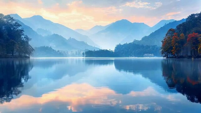 Calm morning reflections on a serene lake surrounded by mountains, 4k Videos