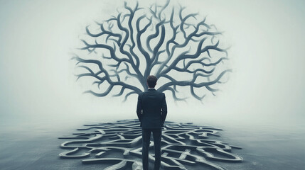 poor complex disorderly management or organization, chaotic decision tree, complex business process. Businessman makes a difficult decision