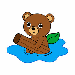 Bear Playing with Log in River Vector Art