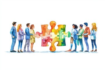 Obraz premium Watercolor illustration of diverse people connecting large puzzle pieces together.