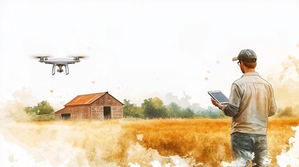 Farmer using a drone in a wheat field near a barn, digital art.