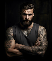  Rugged Bearded Man with Tattoos in Dramatic Black and White Portrait 