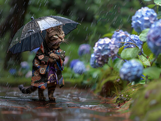 Obraz premium Adorable Cat in Kimono Enjoying a Rainy Day with a Blue Umbrella in a Flower Garden 