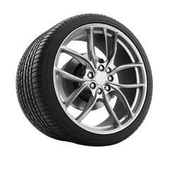 Obraz premium A stylish alloy car wheel featuring a polished finish and intricate spoke design, perfect for enhancing vehicle aesthetics. Transparent background PNG