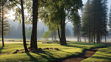 Obraz premium Serene Forest Path with Morning Mist - Tranquil Landscape Photography