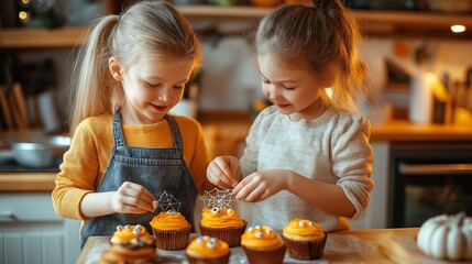 Two young girls decorating Halloween cupcakes in a cozy kitchen.