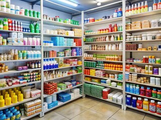 Rows of fully stocked wholesale store shelves overflowing with assorted products, including household items, toiletries, and packaged goods, all neatly organized and labeled.