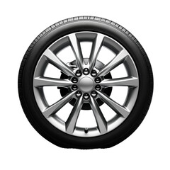 Fototapeta premium A sleek silver alloy wheel paired with a black tire is showcased, highlighting its modern design and craftsmanship features. Transparent background PNG