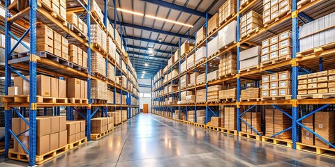 Rows of neatly arranged cardboard boxes on shelves in a warehouse, with pallets and crates in the background, conveying efficient storage and shipping operations.