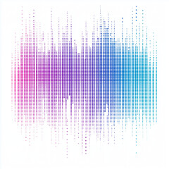 An abstract digital illustration of a sound wave or equalizer pattern, a grid of small, evenly spaced dots. The color scheme smoothly transitions from purple and violet on the left side to blue 