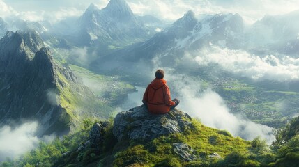 Fototapeta premium mindful travel experience, a traveler peacefully sitting on a mountain top, captivated by natures beauty, symbolizing the art of mindful exploration