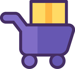 Shopping cart on wheels carries cardboard box. Prompt delivery of goods, shopping process flat element for modern and retro design. Simple color vector pictogram isolated on white background