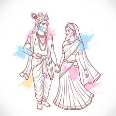 Fototapeta premium Lord Krishna and Goddess Radha are playing Holi.